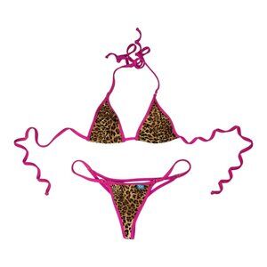 Beach Revolution Women's Leopard Print/Pink Triangle Bikini Top, Thong Bottom XS